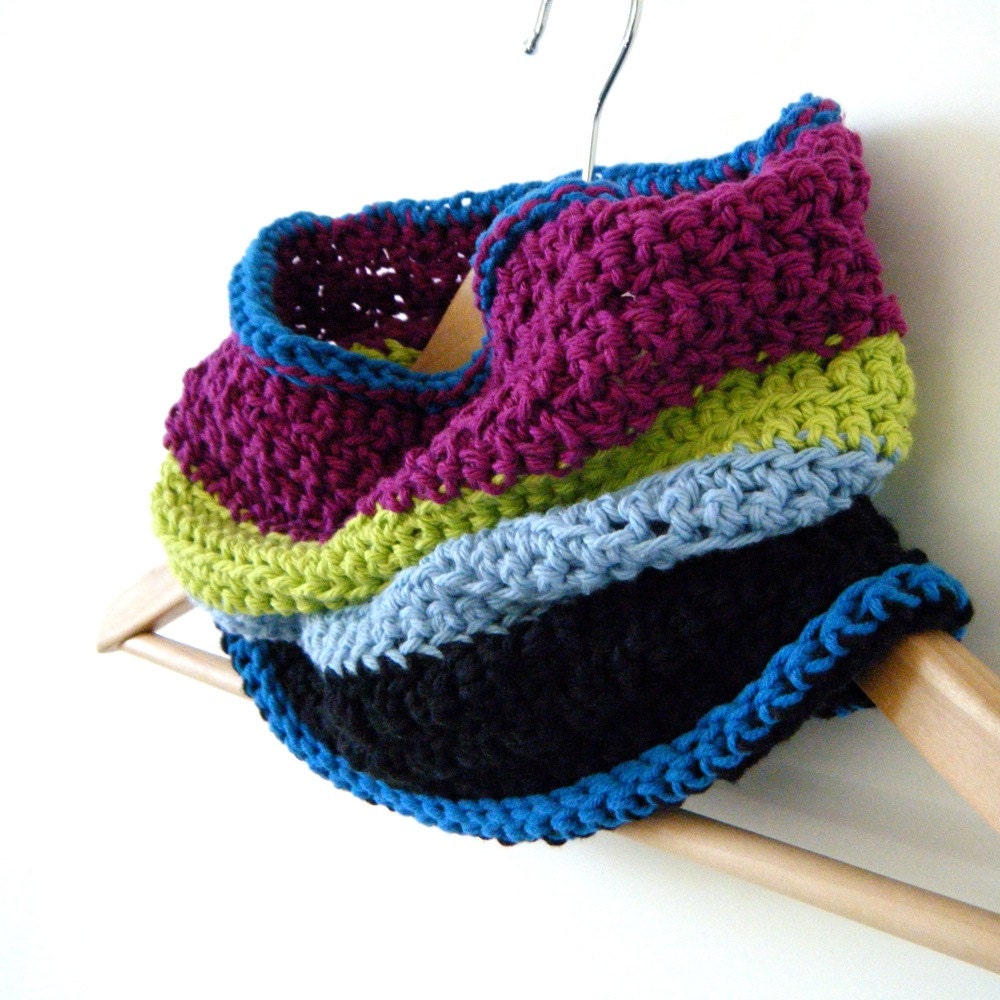 Bright Blue, lime green, Purple & Black striped cowl, cotton scarf, circle scarf