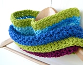 Bright Blue, lime green, Purple striped cowl, cotton scarf, circle scarf