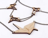 Origami crane and birds Necklace. Laser cut wood.