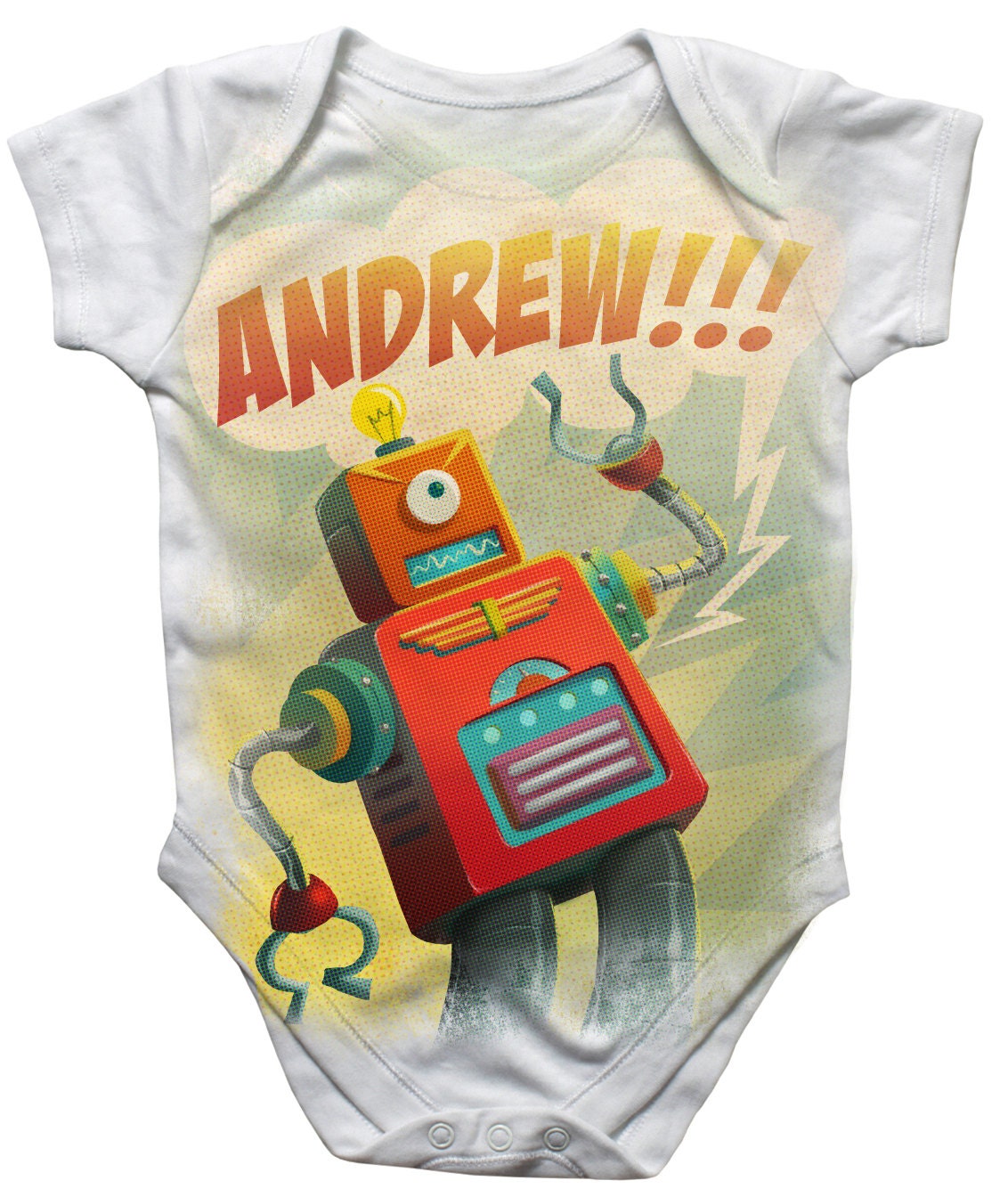 Personalized Baby Onesie, Retro Robot  Custom Name Bodysuit