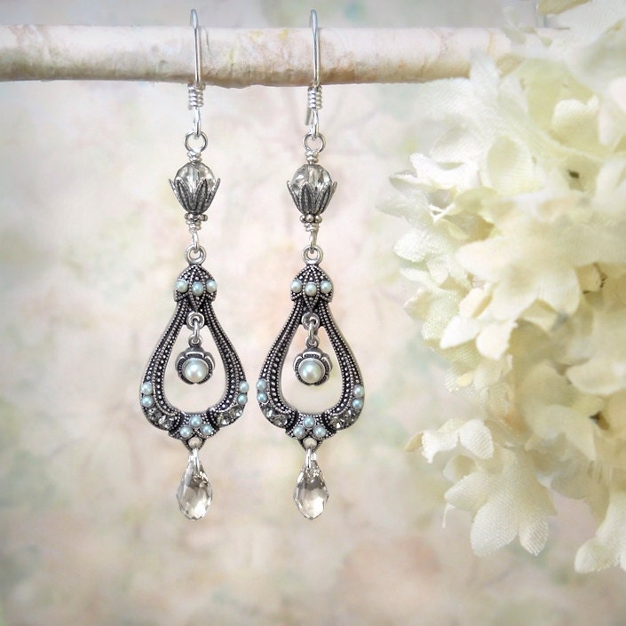 Stardust - Pearl Crystal Silver Earrings, Vintage Antique Style, Bride Bridal Bridesmaid, Moonlight Wedding, Bohemian Boho, Gypsy, Edwardian