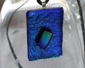 Jewelry glass pendant Deep blue green black dichroic crackled