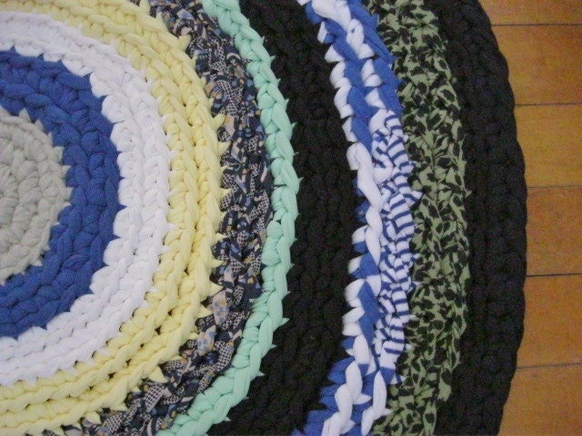 On Sale Crochet Round Rug in upcycled blue and green