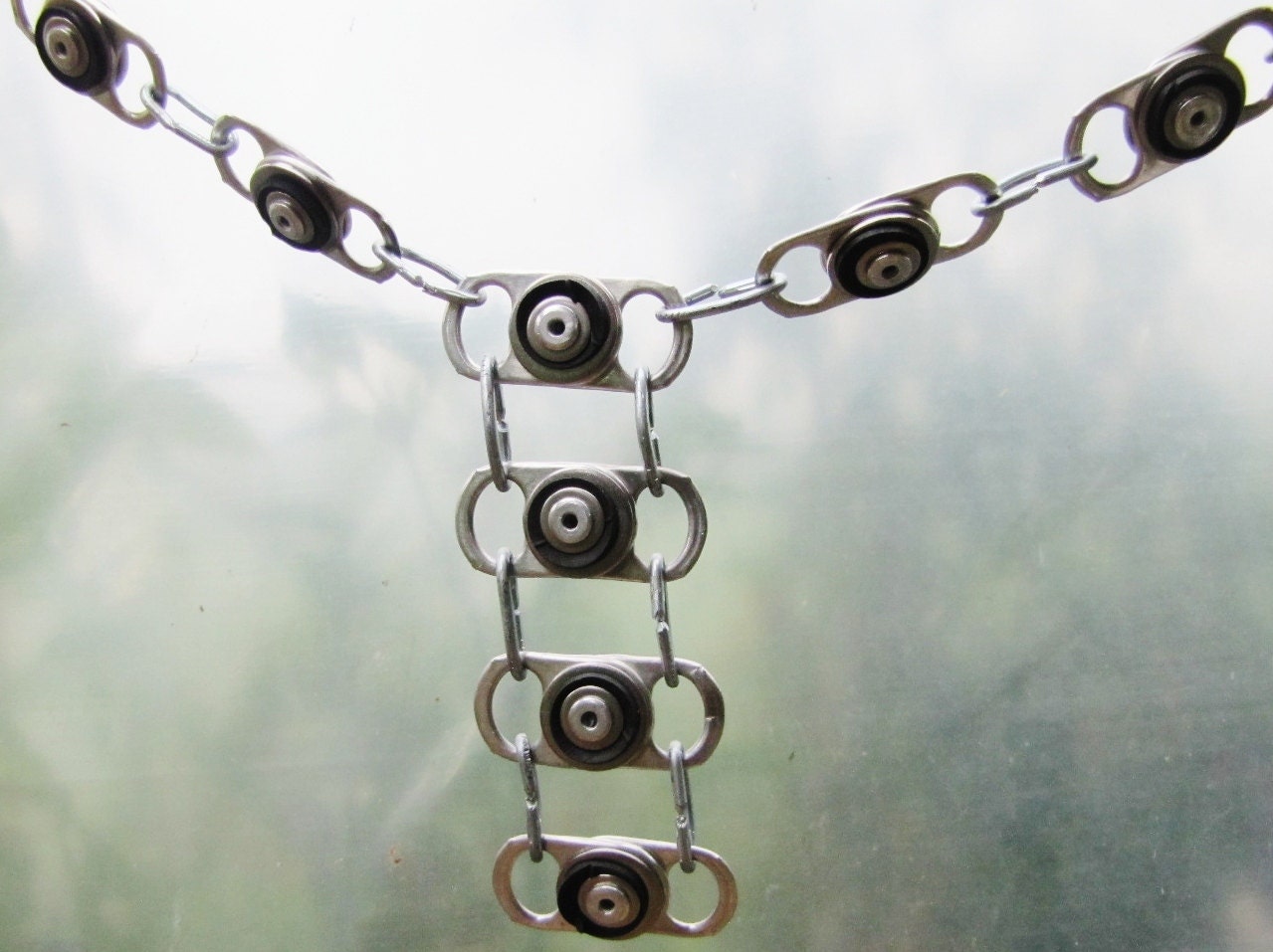 Chain link recycled can tab long necklace with black rubber