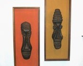 Signed WITCO Pair Framed Tiki Masks - 30 inches by 12 inches each - 1 Yellow Matted - 1 Orange Matted