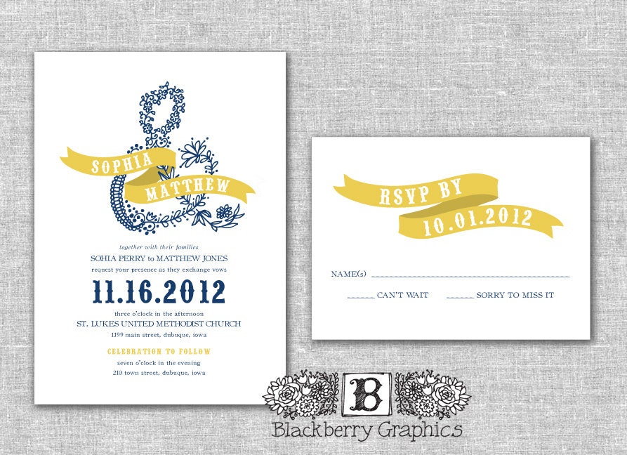 You Print, illustrated ampersand Wedding Invitation set, Sophia design