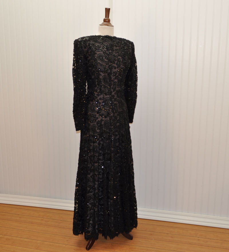 Vintage Designer of the Stars Nolan Miller Couture Black Chantilly Lace Gown