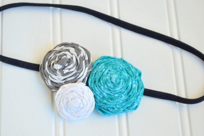 Zebra Teal Fabric Flower Rolled Rosette Trio Headband