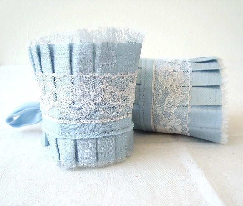 Pale Dusk Blue Acqua Dupioni Silk Ruffle Cuff with White Vintage  Lace - Set of 2 - Wedding Cuffs - Something Blue - by OnePerfectDay