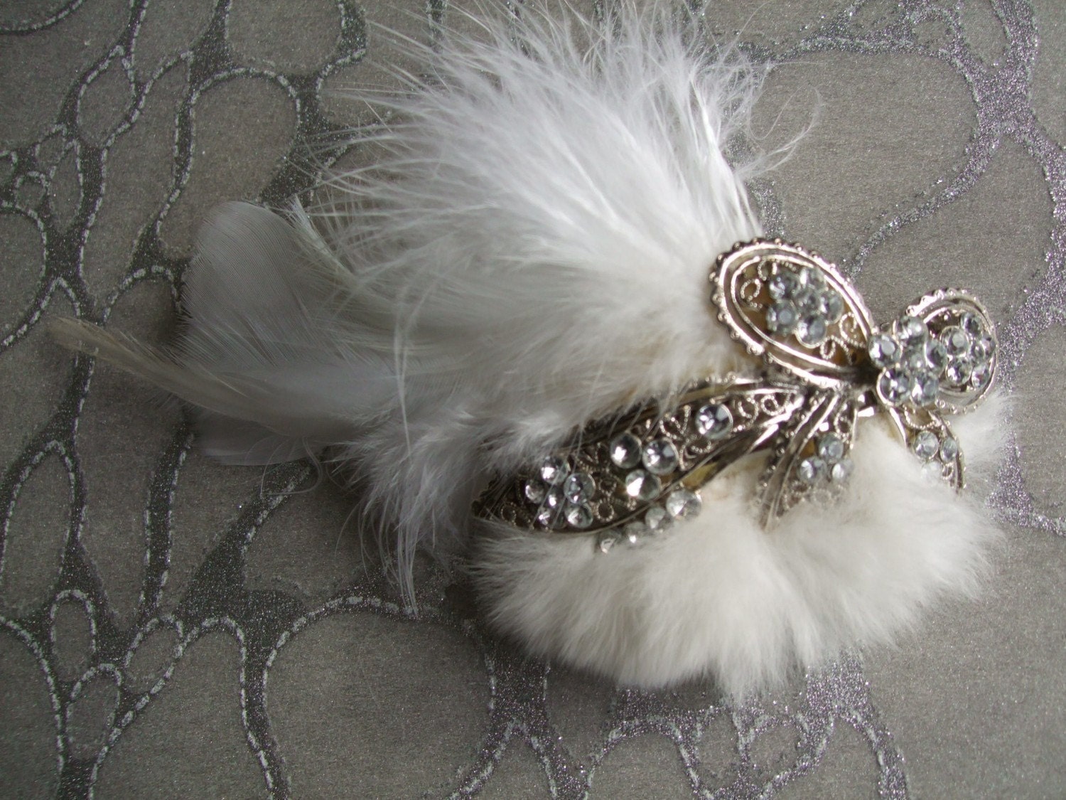 The Kate Middleton Bridal Hair Clip - White Marabou &  Rooster Feathers w Chinchilla Fur on Rhinestone Hair Clip, Barrette