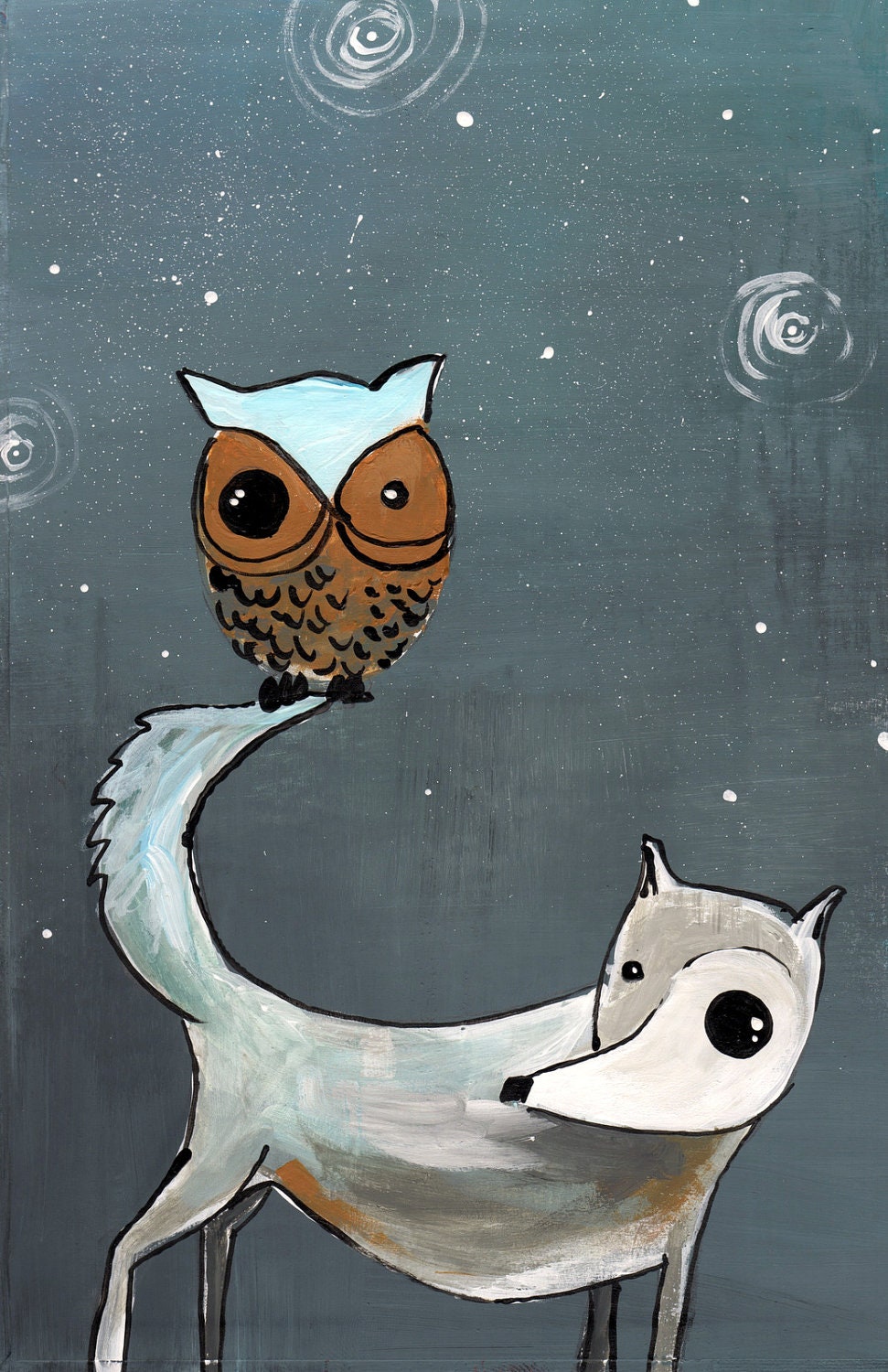 wolf and owl GIant poster print 11x17 poster print -gray and white wolf with mustard yellow - deep yellow owl on his tail