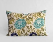 Designer Lumbar Pillow Cover in Mingei Aqua Floral- 12x18 inch (Aqua Blue, Olive Green, Chocolate Brown on Cream)