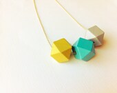 Geometric Painted Wood Necklace / Mustard, Teal, Gray / Bright Color Block Jewelry
