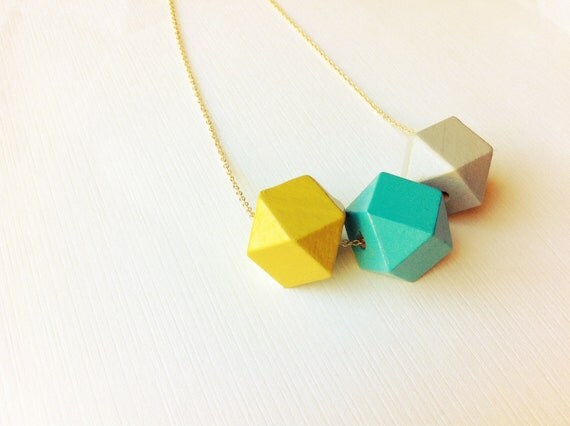 Geometric Painted Wood Necklace / Mustard, Teal, Gray / Bright Color Blocked Jewelry