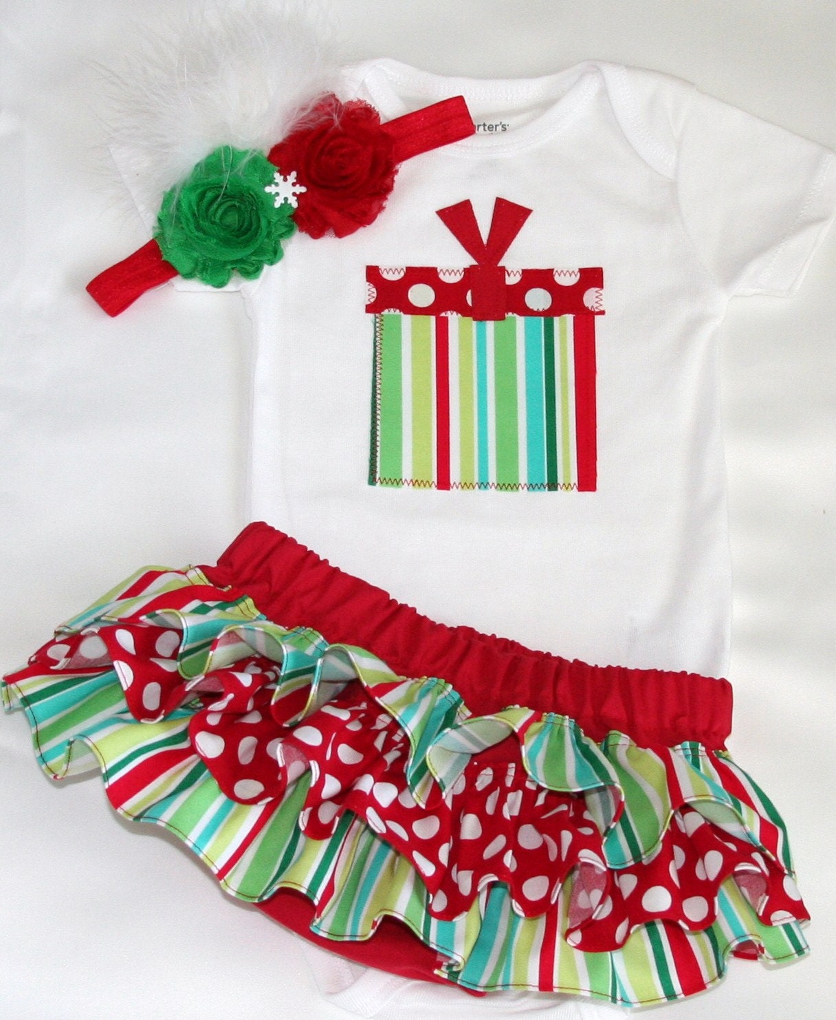 SHORT SLEEVE Christmas white red and green striped and polka dot present onesie ruffle bloomers diaper cover w/matching shabby chiffon