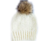 Winter Beige Ivory Warm Wool Fur Brown Pom Pom Beanie Hat Fashion Chunky Knit Accessories Snow Ski Snowboard Holiday Gift