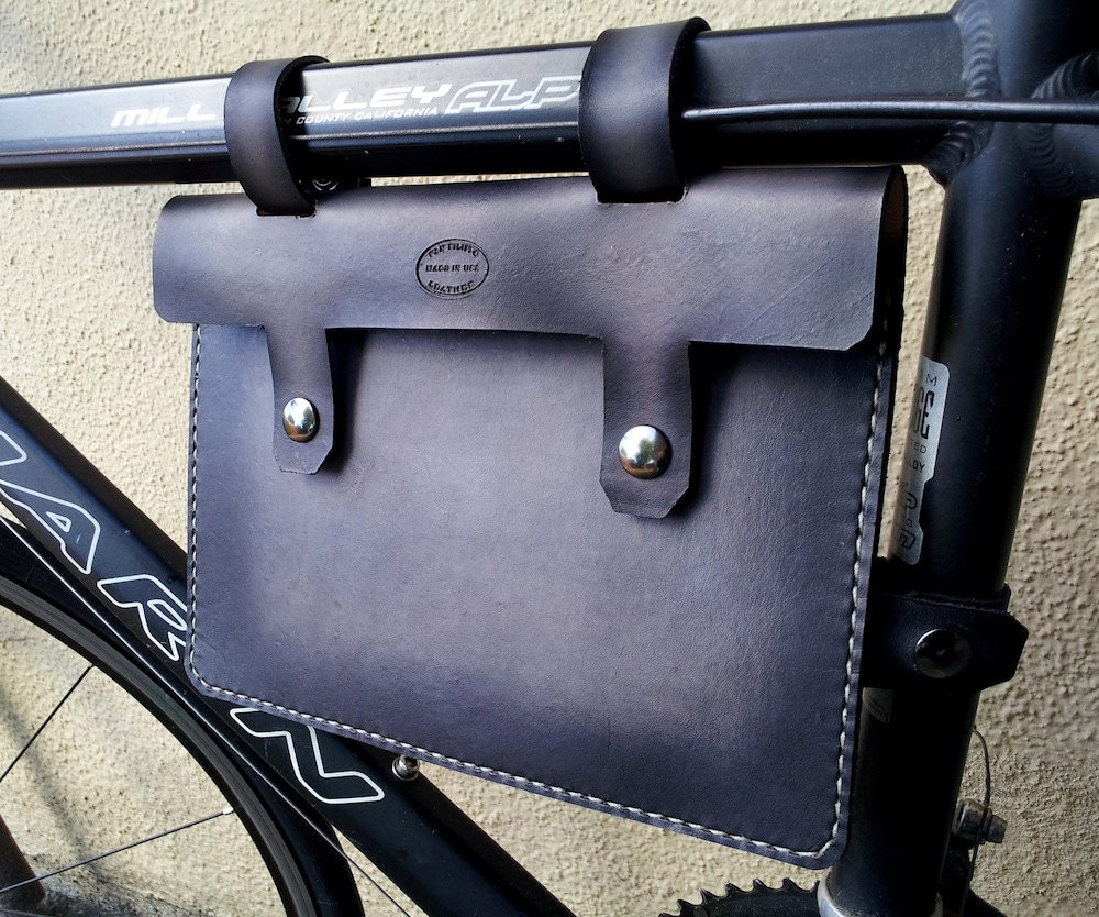 Black and Grey Leather Bike Frame Bag Hand Dyed
