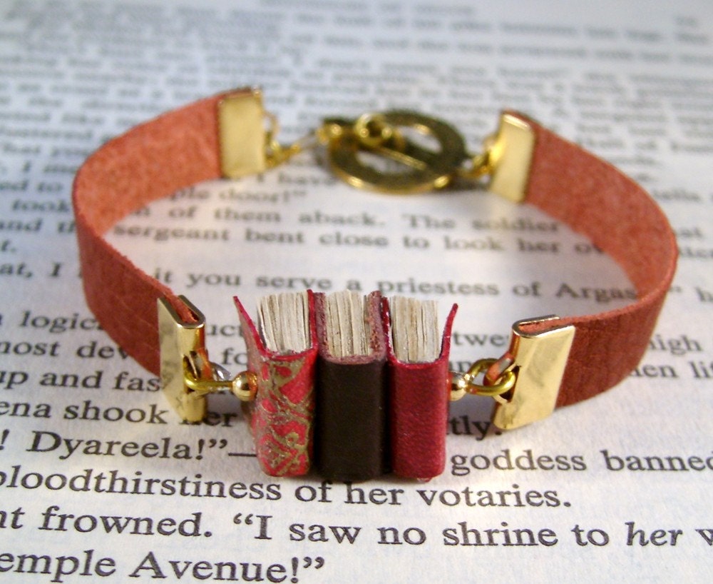 Miniature Book Bracelet Stack of 3 Mini Books and Leather Bracelet