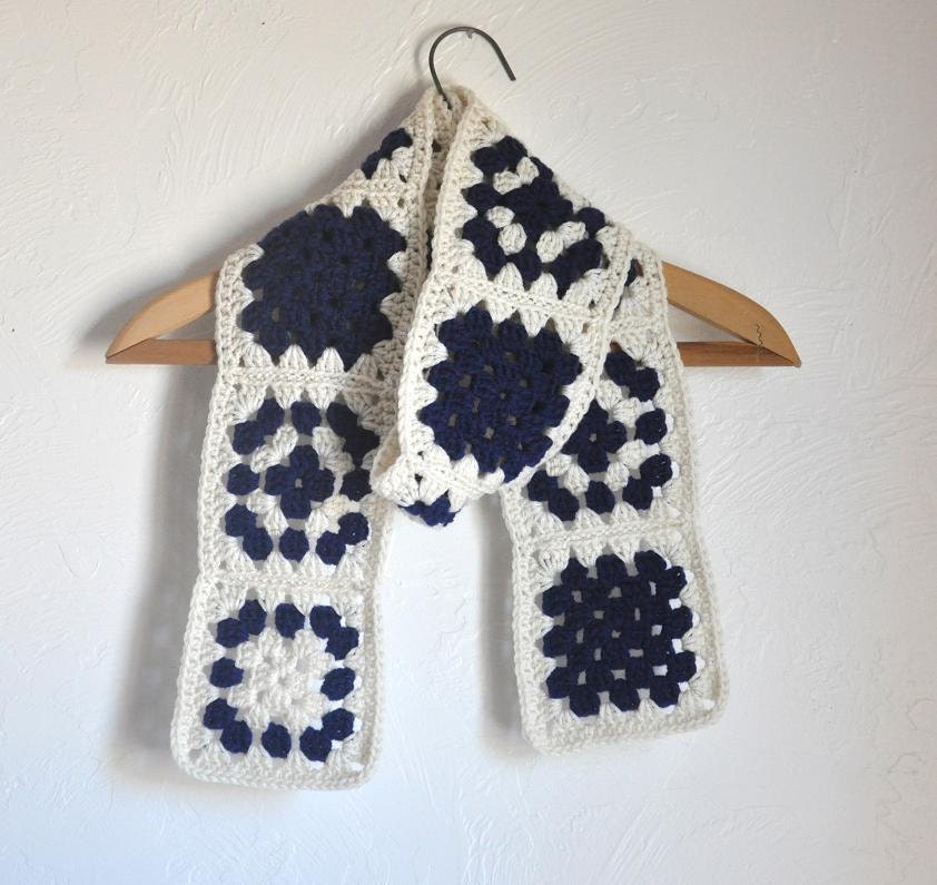 Navy and Cream Granny Square Scarf nautical winter accessory