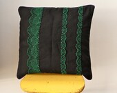 OOAK hand embroidered  black and green collarette square pillow cover