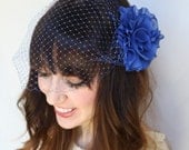 Royal Blue Flower Hair Clip with Birdcage Veil