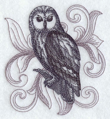2 flour sack embroidered kitchen towels / bar mops halloween baroque Ural owl