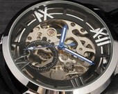 Skeleton Vintage Retro Steampunk Leather Wrap Watch Mechanical Bracelet Wind Watch with a lovely Silver Gold skeleton pattern FREE SHIP