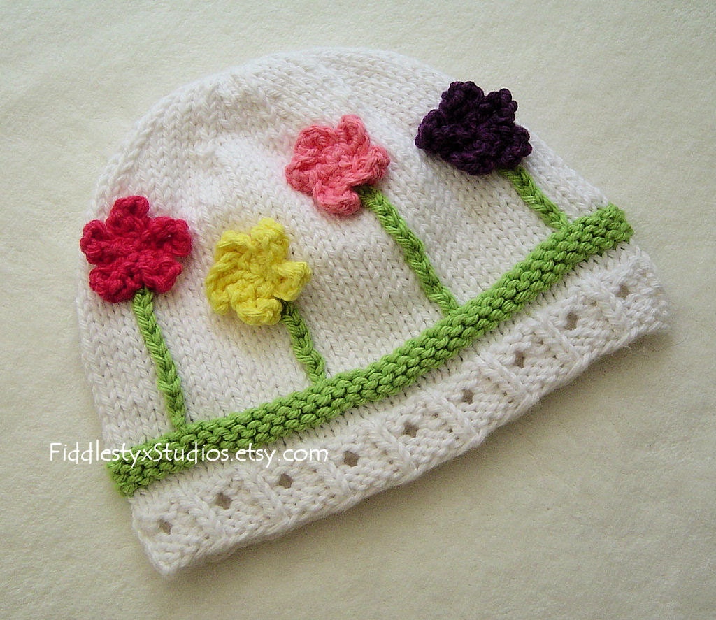 Ready to Ship Hand Knit Hat - Baby Girl Hat - Flowered Childs Beanie (size 6 to 12 months) Summer Children Clothing Summer Accessories