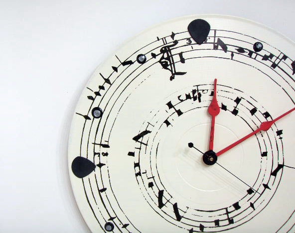 Music Clock black and white sheet music notes