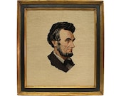 Vintage Abraham Lincoln Needlepoint Wall Decor Americana Black & Gold Frame