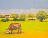Pasture Land- 8x8 Original Oil Painting on Canvas- Cows, Barn, Landscape