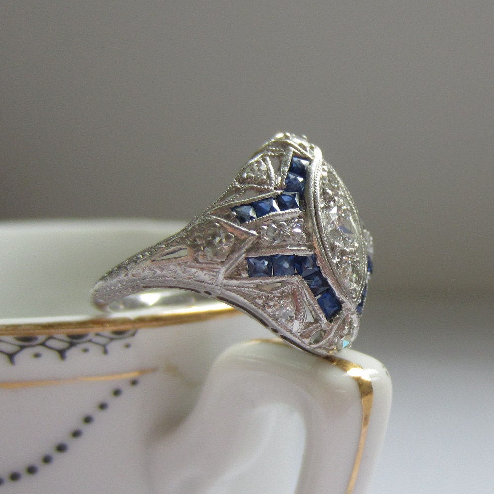 Vintage Ornate Diamond and Sapphire Dinner Ring. Platinum Filigree Engagement Ring. Addy on Etsy.