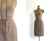 vintage pencil skirt 1980s light brown taupe cotton pencil skirt with pockets / soft fawn - fanciness
