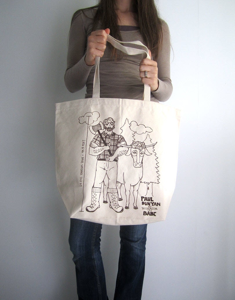 Screen Printed Recycled Cotton Tote Bag - Eco Friendly Grocery Tote - Reusable and Washable - Large Canvas Shopper Tote - Paul Bunyan