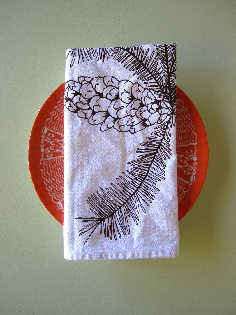Screen Printed Organic Cotton Cloth Napkins - Eco Friendly Dinner Napkins - Pinecone Illustration - Washable and Reusable - Christmas Party