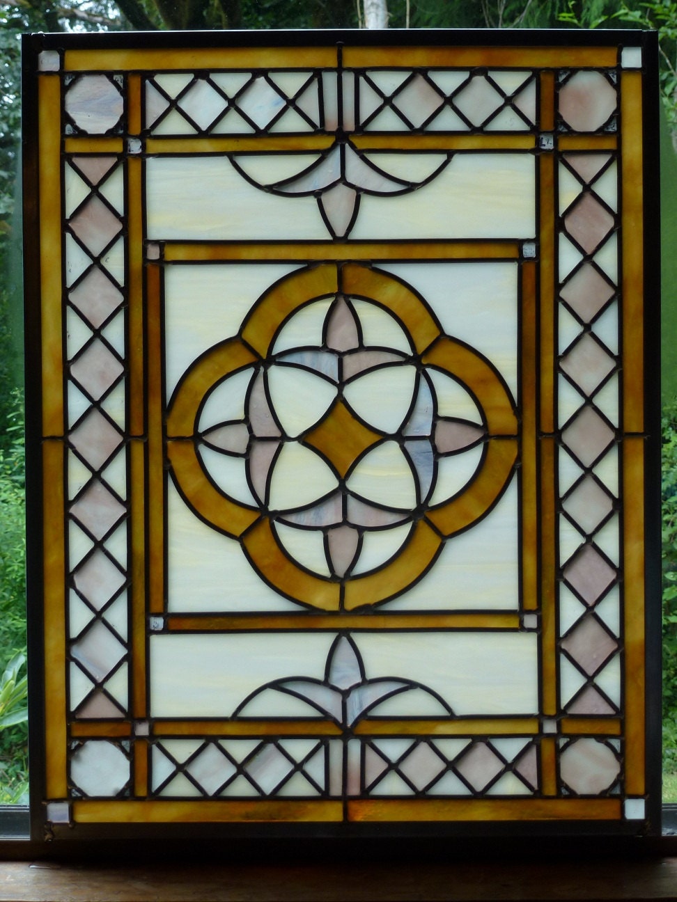 Stained Glass Panel Amber & Lavender Fleur de Lis Window Suncatcher