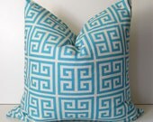 Greek Key Pillow - 20 inch  - Turquoise and Ivory - Ultramarine - Cotton - decorative pillow  - ready to ship