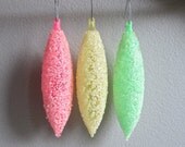 Vintage Christmas Ornaments Pastel Snow Sugar Plastic 1960s Set of Three Pink Green Yellow