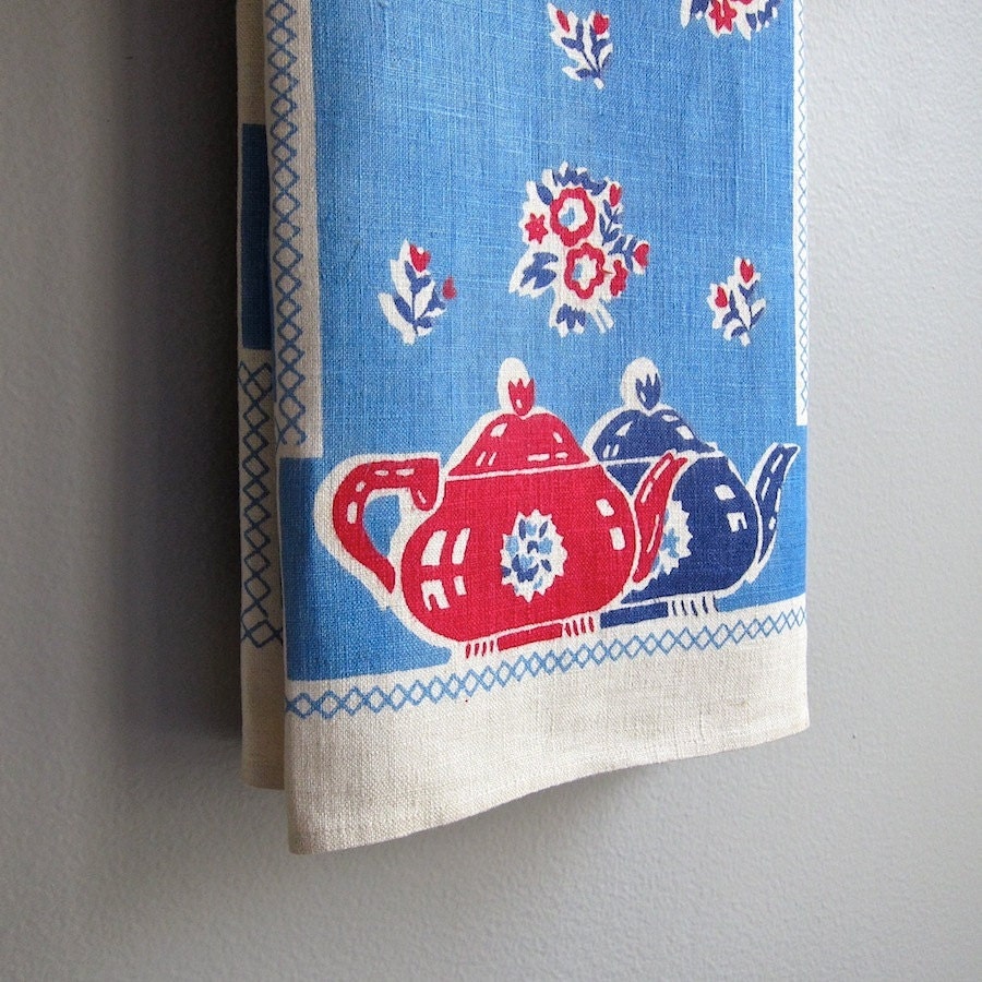 Vintage Linen Kitchen Towel with Tea Pots in Red White and Blue 1940s 1950s Tea Towel Teapot