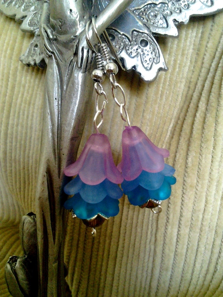 Pink, Purple and Blue Frosted Flower Bell Dangle Earrings