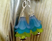 Blue, Turquoise and Green Frosted Flower Bell Dangle Earrings