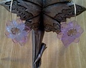 Asymetrical purple and pink clear and frosted flower bell earrings