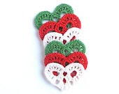 Crocheted hearts applique,  lace hearts embellishment, wedding decorations, favors in white, red, green - candy cane colors /set of 6/