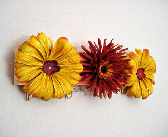 Jewelry display - Red and Yellow Spring Flowers - repurposed from scrap wood by Lolailo