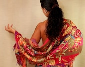 Love Flame / Luxury Silk Shawl Wrap Stole Red Yellow Blue Pink Silk on Wool Silk Embroidery Pure Wool Woven Flowers Shawl Floral Pashmina