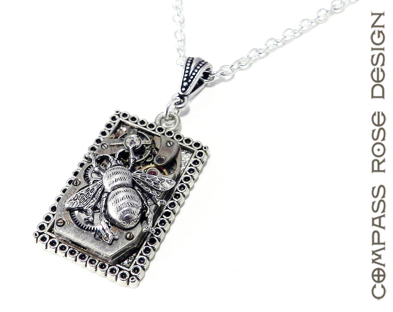 Steampunk Necklace - Clockwork Honey Bee Silver Square Upcycled Pocket Watch Steampunk Necklace