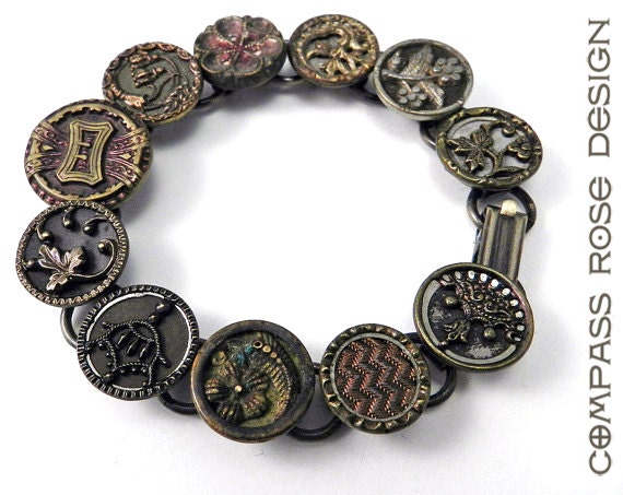 Antique Victorian Button Bracelet Heirloom Collection Brass Victorian Button Bracelet in Shades of Gold Burgundy Bronze Rust Magenta