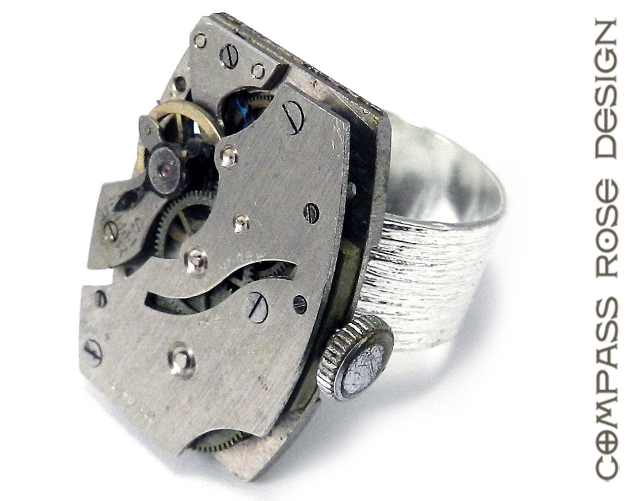 Steampunk Ring Silver Square Clockwork Antique Large Cocktail Ring Watch Movement Real Ruby Jewels on Wide Etched Silver Plated Band