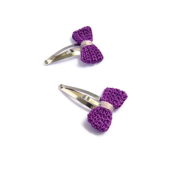 Purple Bow Hair Clips Crochet Silver Snap Hairclip  Accessory