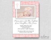 Pink Damask Printable Photo Baptism Invite - Choose your colors